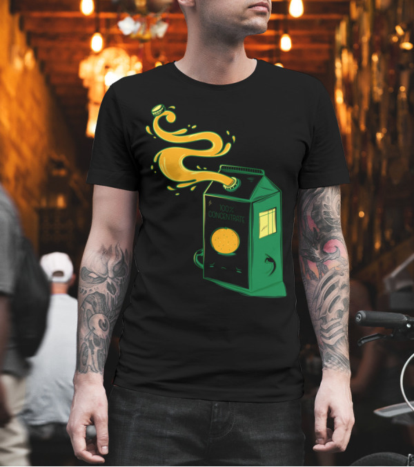 100% Juice Concentrate Carton with Swirling Liquid and Citrus Slice T-Shirt 100% Juice Concentrate Carton with Swirling Liquid and Citrus Slice T-Shirt
