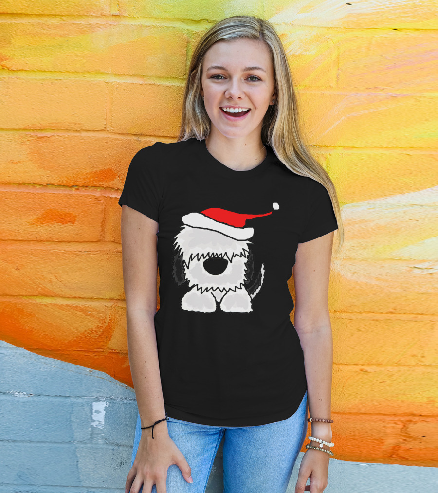 Adorable Old English Sheepdog Christmas Santa Hat T-Shirt