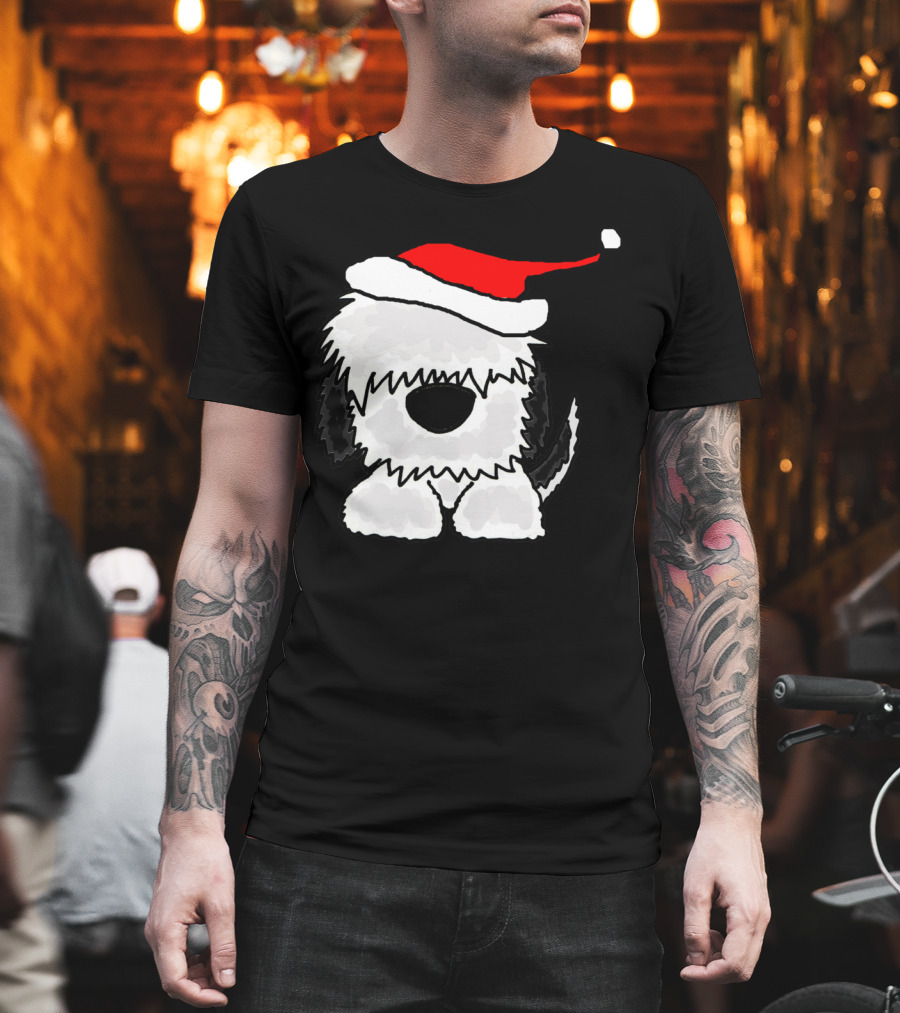 Adorable Old English Sheepdog Christmas Santa Hat T-Shirt