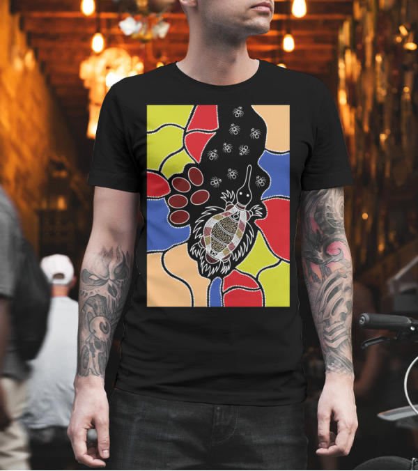 Authentic Aboriginal Art Echidna Dreaming with Colorful Geometric Patterns and Animal Motifs T-Shirt Authentic Aboriginal Art Echidna Dreaming with Colorful Geometric Patterns and Animal Motifs T-Shirt