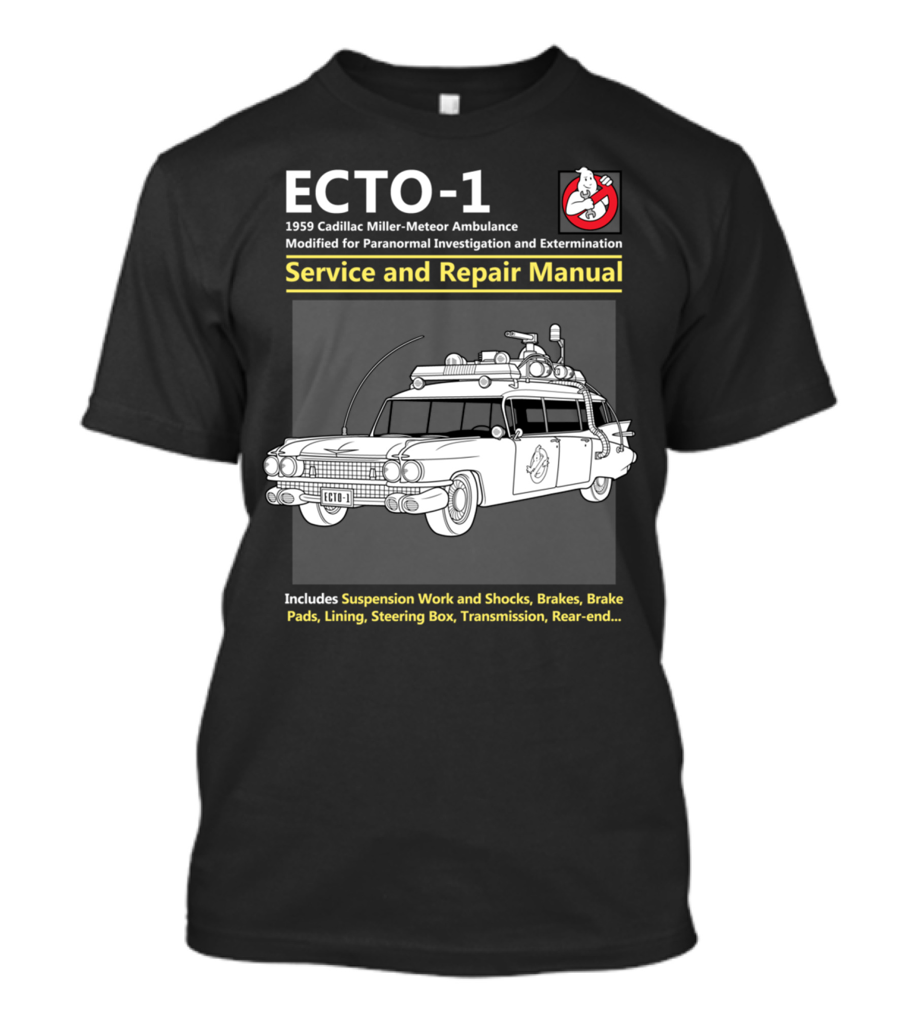ECTO-1 1959 Cadillac Miller-Meteor Ambulance Modified For Paranormal Investigation And Extermination Service And Repair Manual T-Shirt