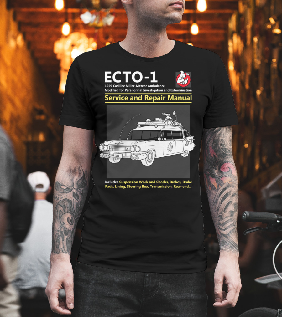 ECTO-1 1959 Cadillac Miller-Meteor Ambulance Modified For Paranormal Investigation And Extermination Service And Repair Manual T-Shirt