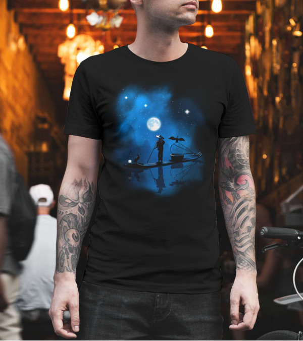 Fisherman Under Moonlit Sky with Cormorant Boat in China T-Shirt Fisherman Under Moonlit Sky with Cormorant Boat in China T-Shirt