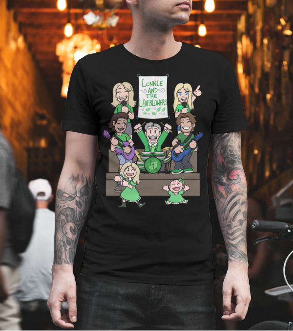 Lonnie And The Leafblowers Cartoon Band Performance with Musical Instruments and Joyful Characters T-Shirt Lonnie And The Leafblowers Cartoon Band Performance with Musical Instruments and Joyful Characters T-Shirt