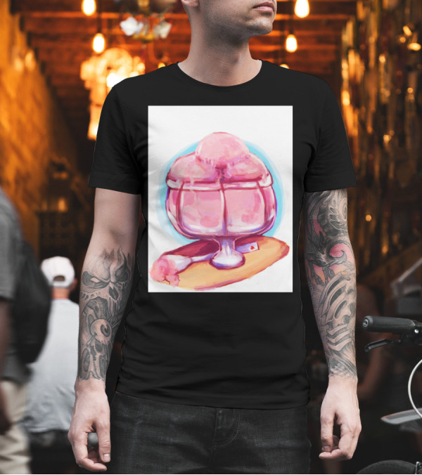 Raspberry Sorbet Ice Cream in Glass Bowl with Playing Card on Tray T-Shirt Raspberry Sorbet Ice Cream in Glass Bowl with Playing Card on Tray T-Shirt