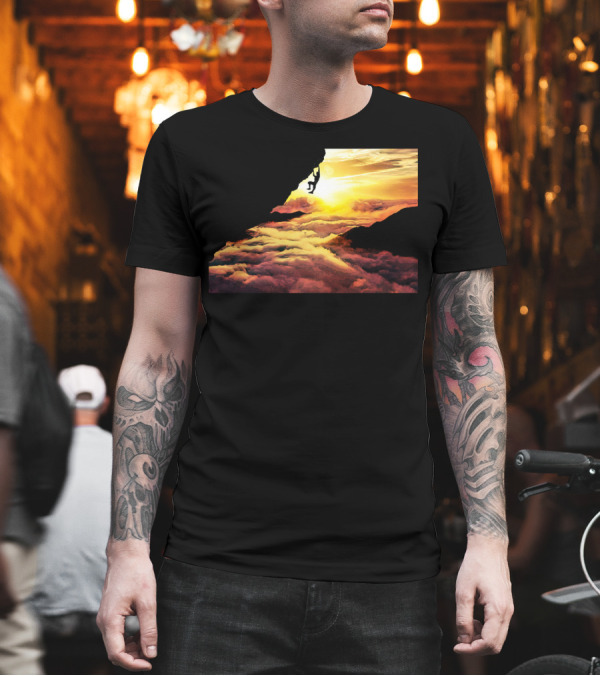 Extreme Climber Silhouette Against Vibrant Sunset and Clouds T-Shirt Extreme Climber Silhouette Against Vibrant Sunset and Clouds T-Shirt