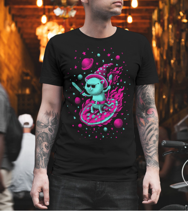 Cool Wizard Cat Riding Pizza Through Space T-Shirt Cool Wizard Cat Riding Pizza Through Space T-Shirt