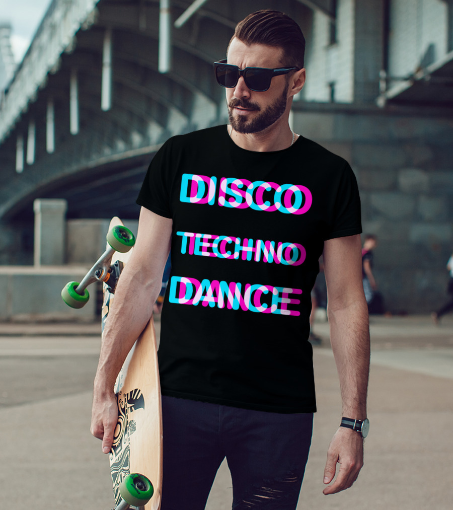 Disco Techno Dance Block Retro Vibrant Text Overlap T-Shirt