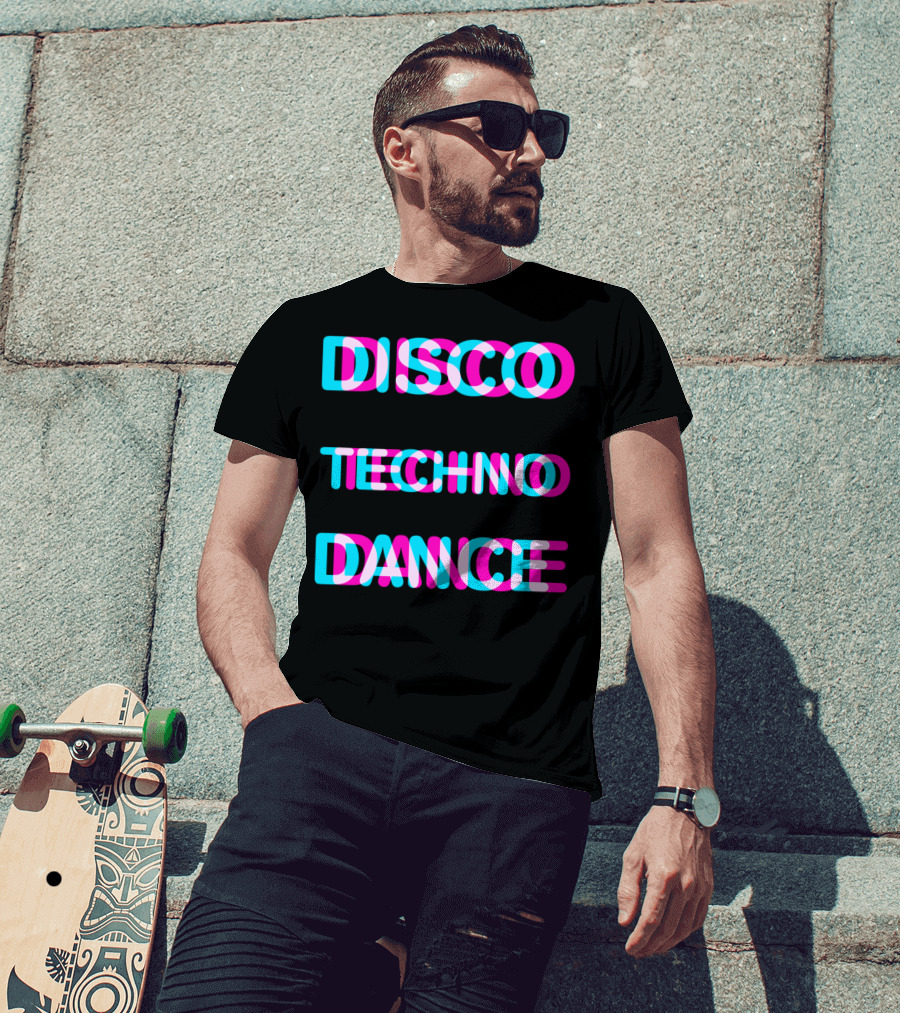Disco Techno Dance Block Retro Vibrant Text Overlap T-Shirt