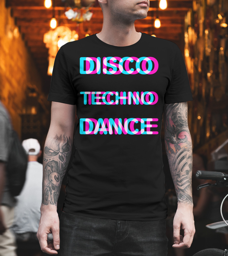 Disco Techno Dance Block Retro Vibrant Text Overlap T-Shirt