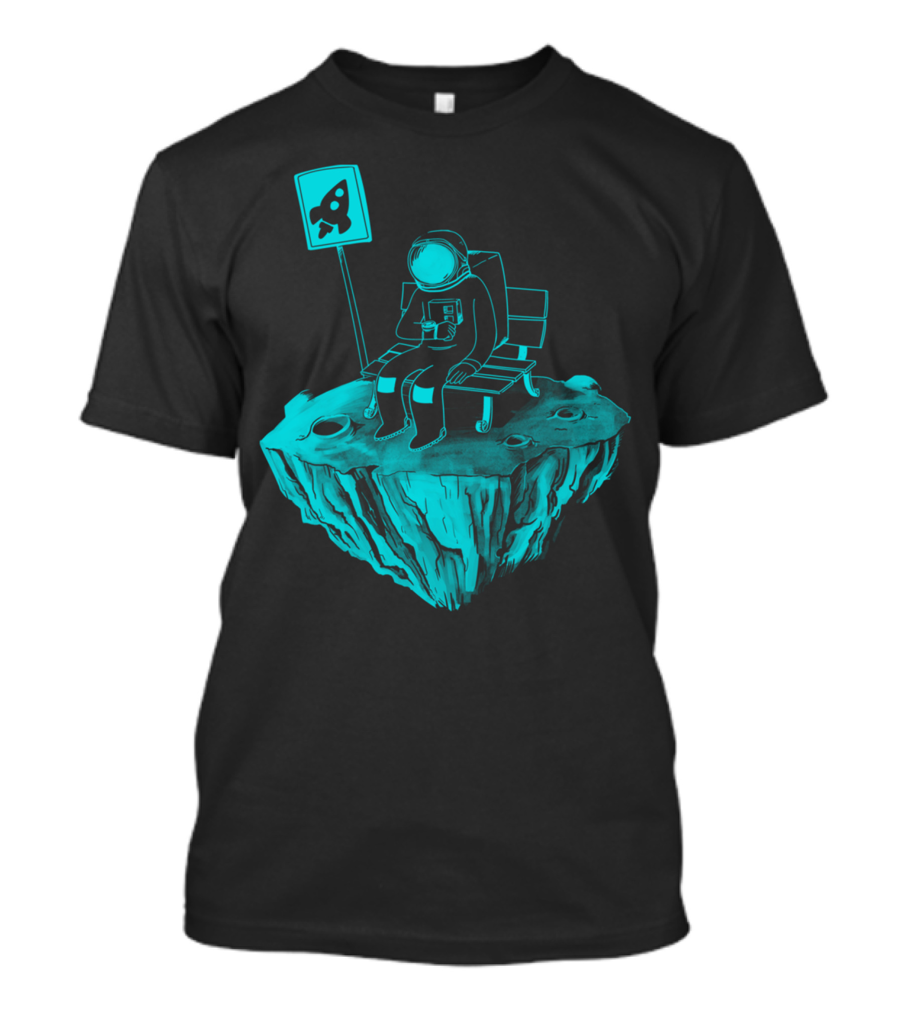 Astronaut Waiting At Rocket Bus Stop On Floating Island T-Shirt