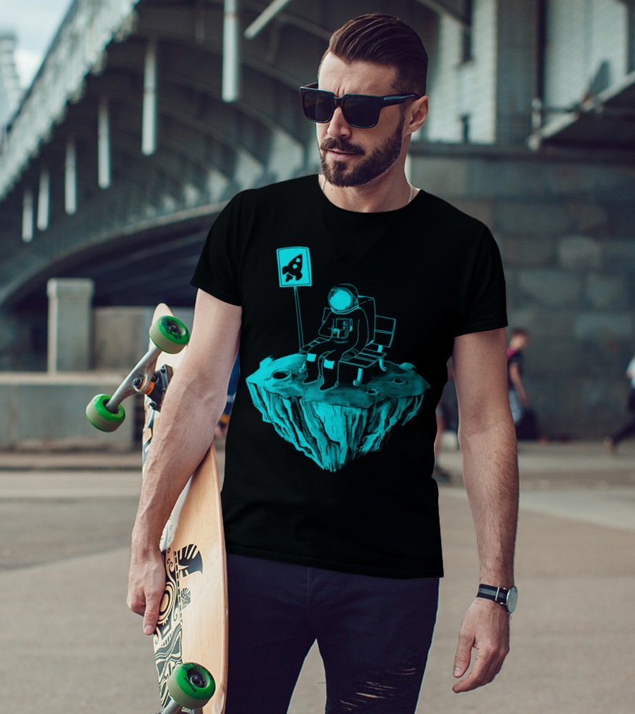 Astronaut Waiting At Rocket Bus Stop On Floating Island T-Shirt