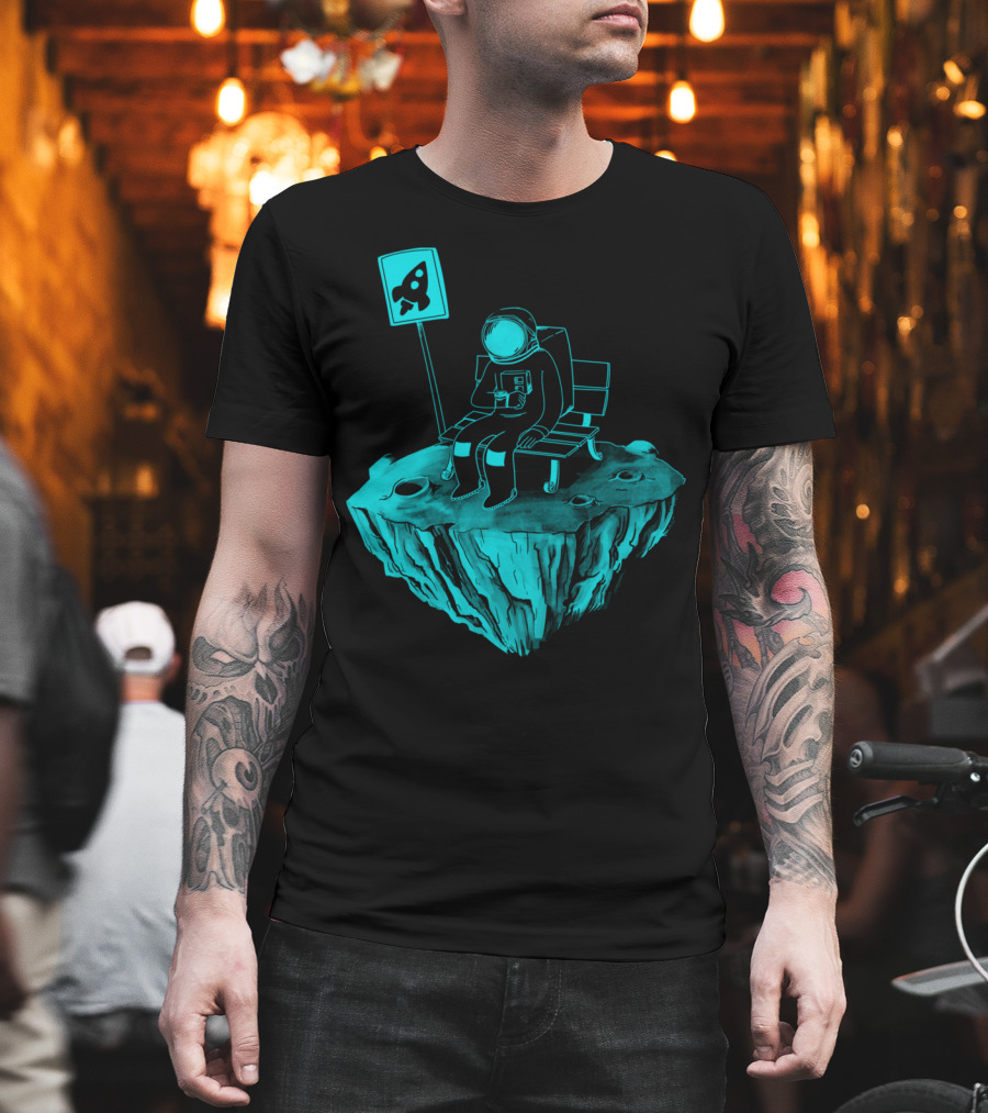 Astronaut Waiting At Rocket Bus Stop On Floating Island T-Shirt