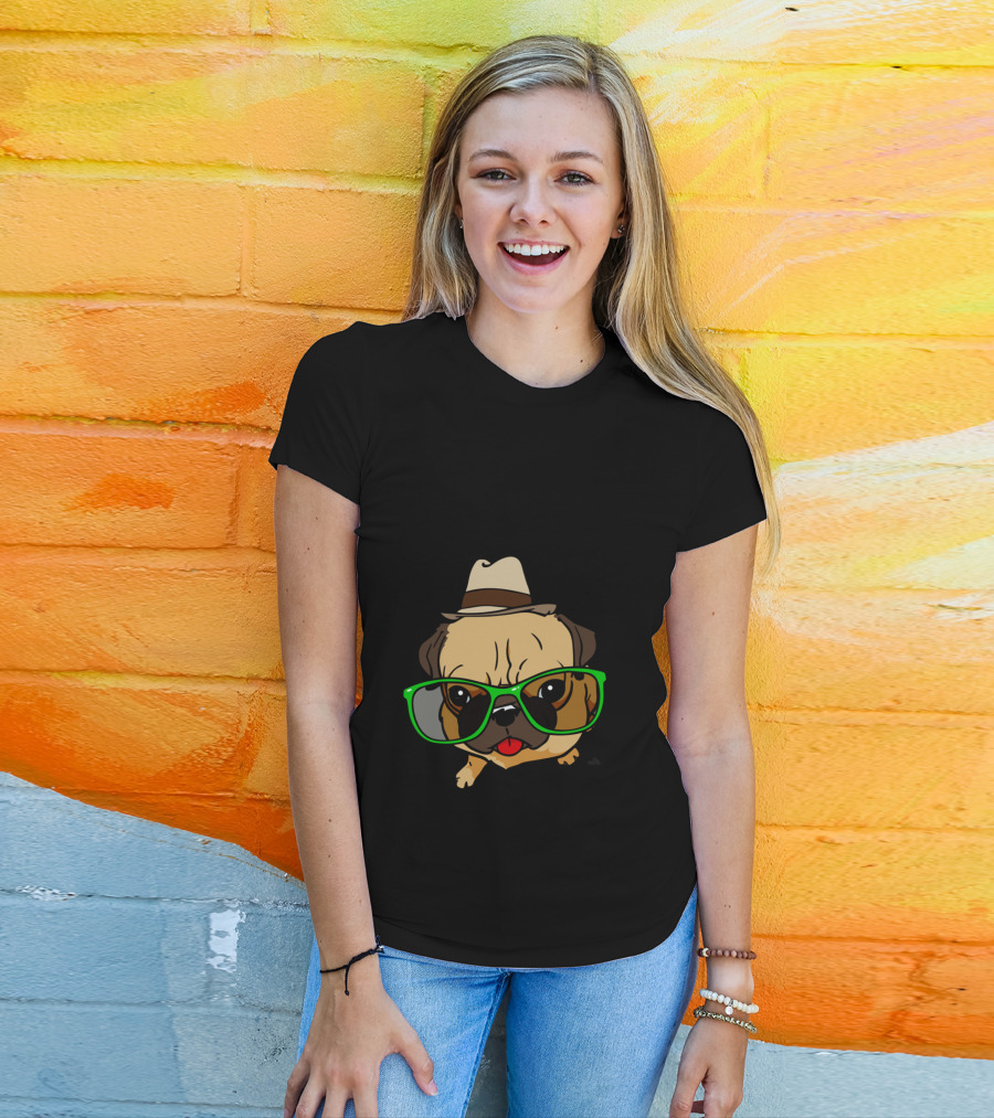 The Hipster Pug Funny Cartoon Dog With Glasses And Hat T-Shirt