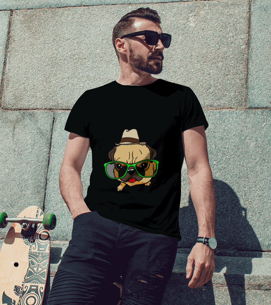 The Hipster Pug Funny Cartoon Dog With Glasses And Hat T-Shirt