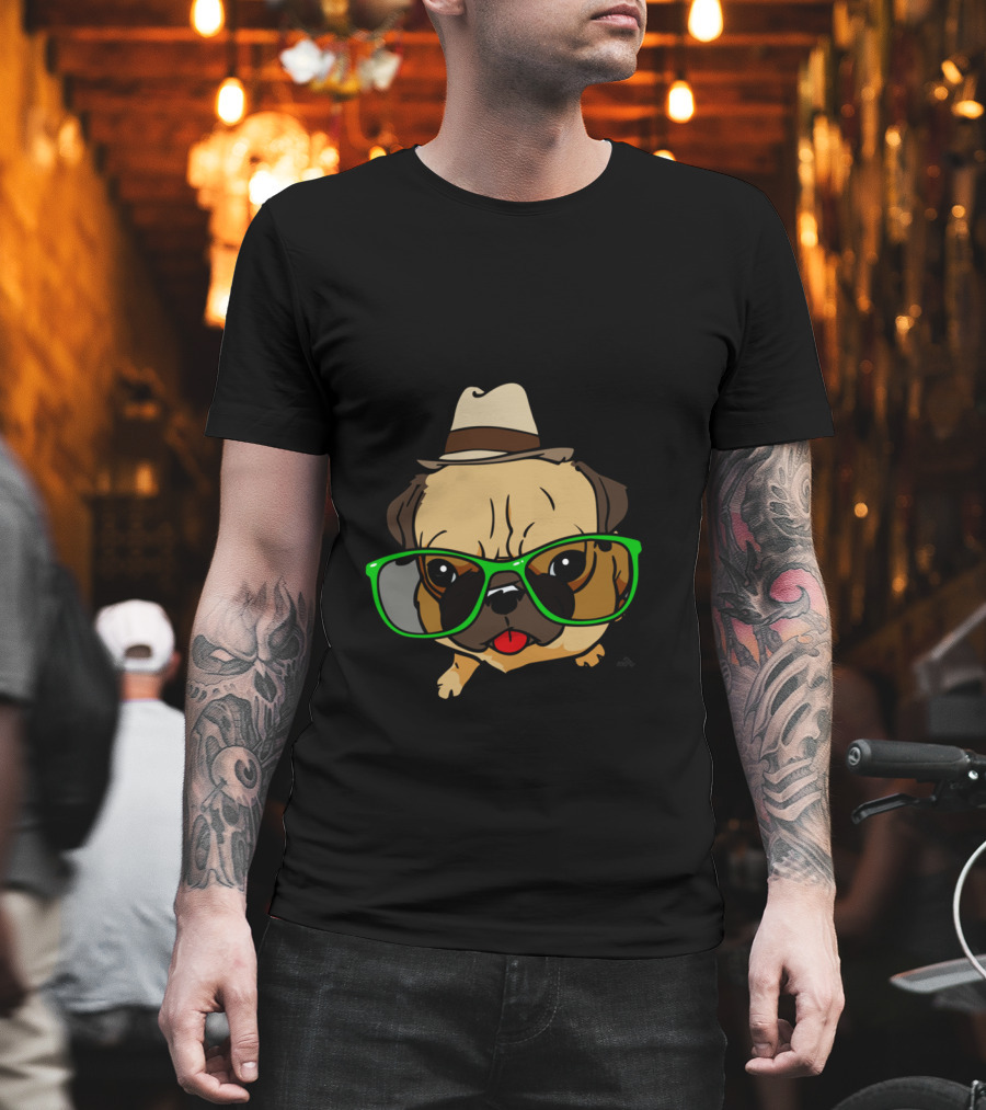 The Hipster Pug Funny Cartoon Dog With Glasses And Hat T-Shirt