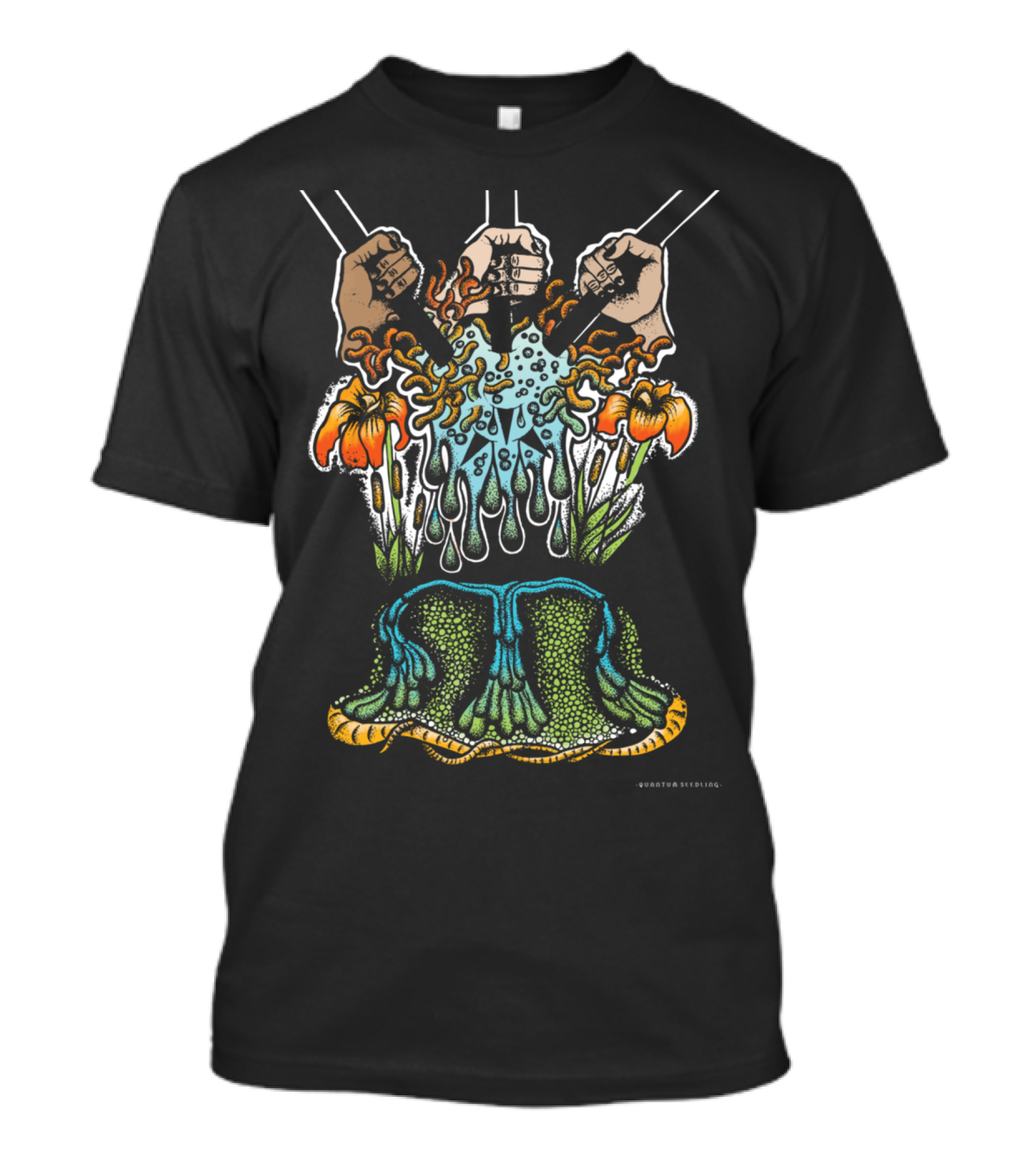 Three Swords Hands Iris Motif Botanical T-Shirt
