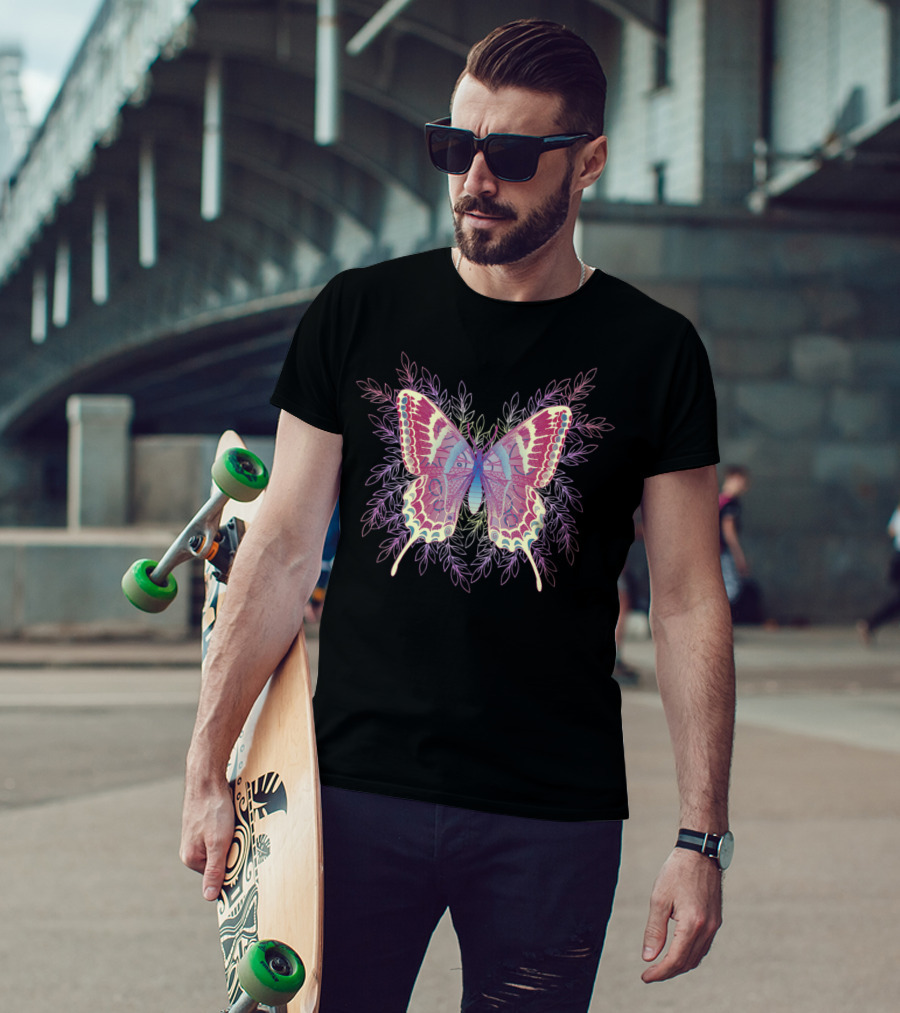 Beautiful Colorful Butterfly With Intricate Patterns And Leaf Motif T-Shirt