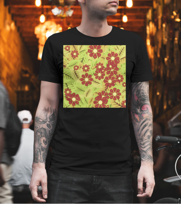 Foliage and Red Blossoms on Green Background T-Shirt Foliage and Red Blossoms on Green Background T-Shirt