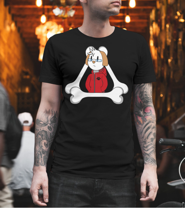 Smart Dog in Glasses with Red Hoodie and Bone Background T-Shirt Smart Dog in Glasses with Red Hoodie and Bone Background T-Shirt