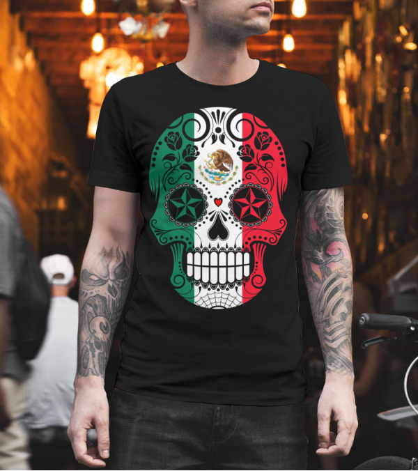 Mexican Flag Sugar Skull with Eagle Emblem and Floral Decorations T-Shirt Mexican Flag Sugar Skull with Eagle Emblem and Floral Decorations T-Shirt