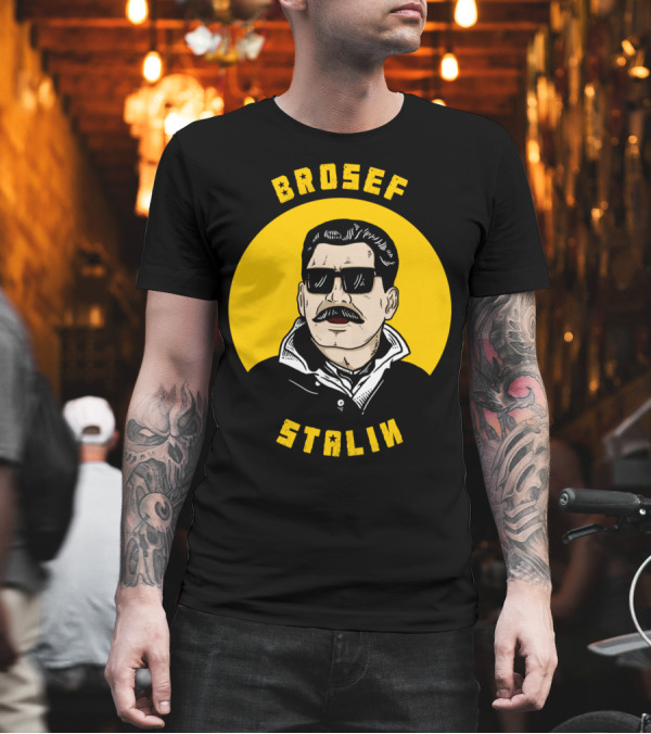 Brosef Stalin Cool Iconic Look in Black Sunglasses with Yellow Circle Background T-Shirt Brosef Stalin Cool Iconic Look in Black Sunglasses with Yellow Circle Background T-Shirt