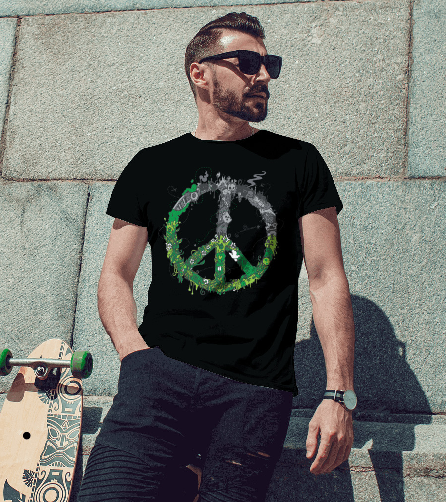 The Eternal Struggle Peace Symbol With Nature And Destruction Contrast T-Shirt