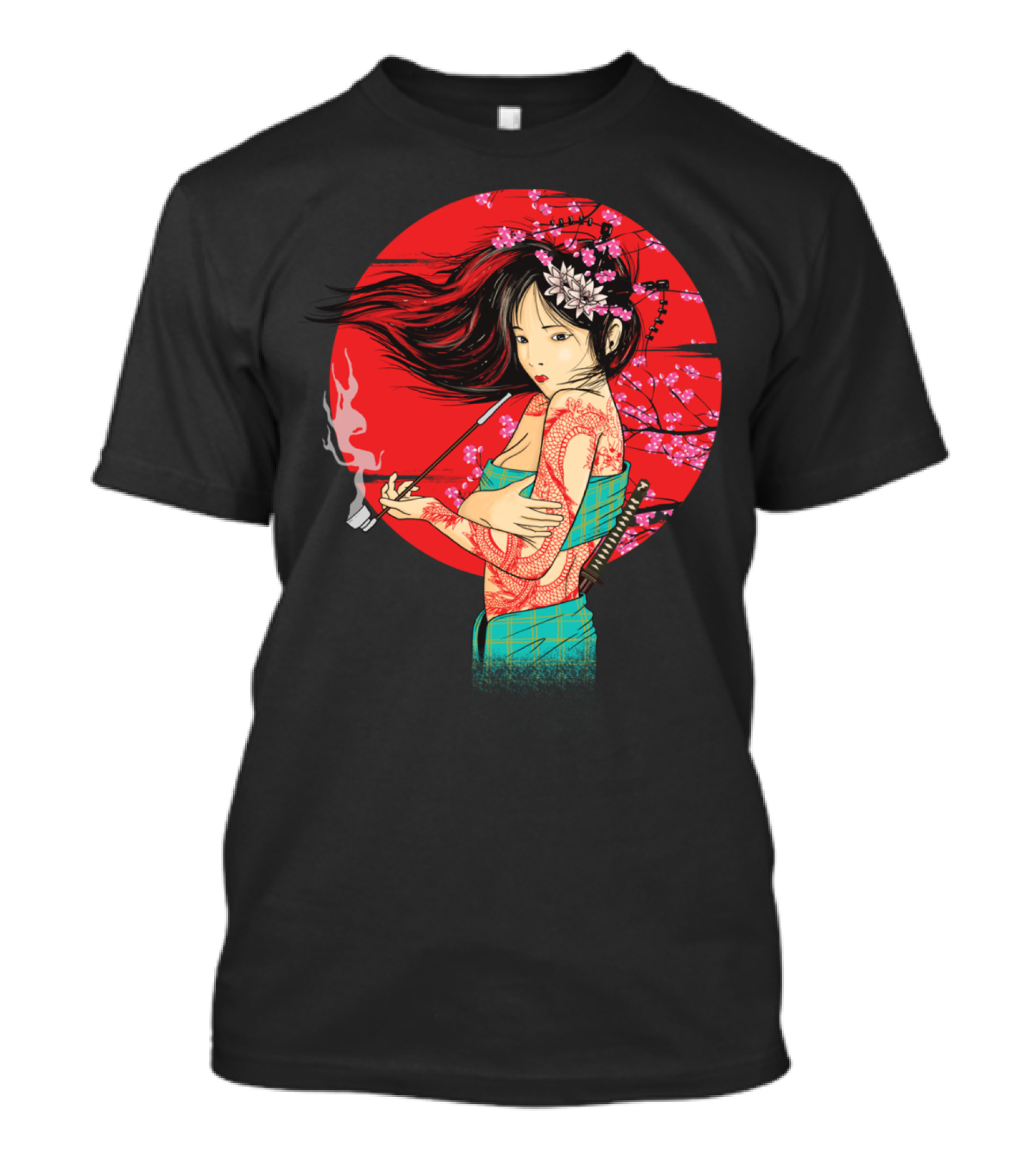 The Geisha Pe Smoking Pipe Cherry Blossoms Samurai Sword Tattoos T-Shirt