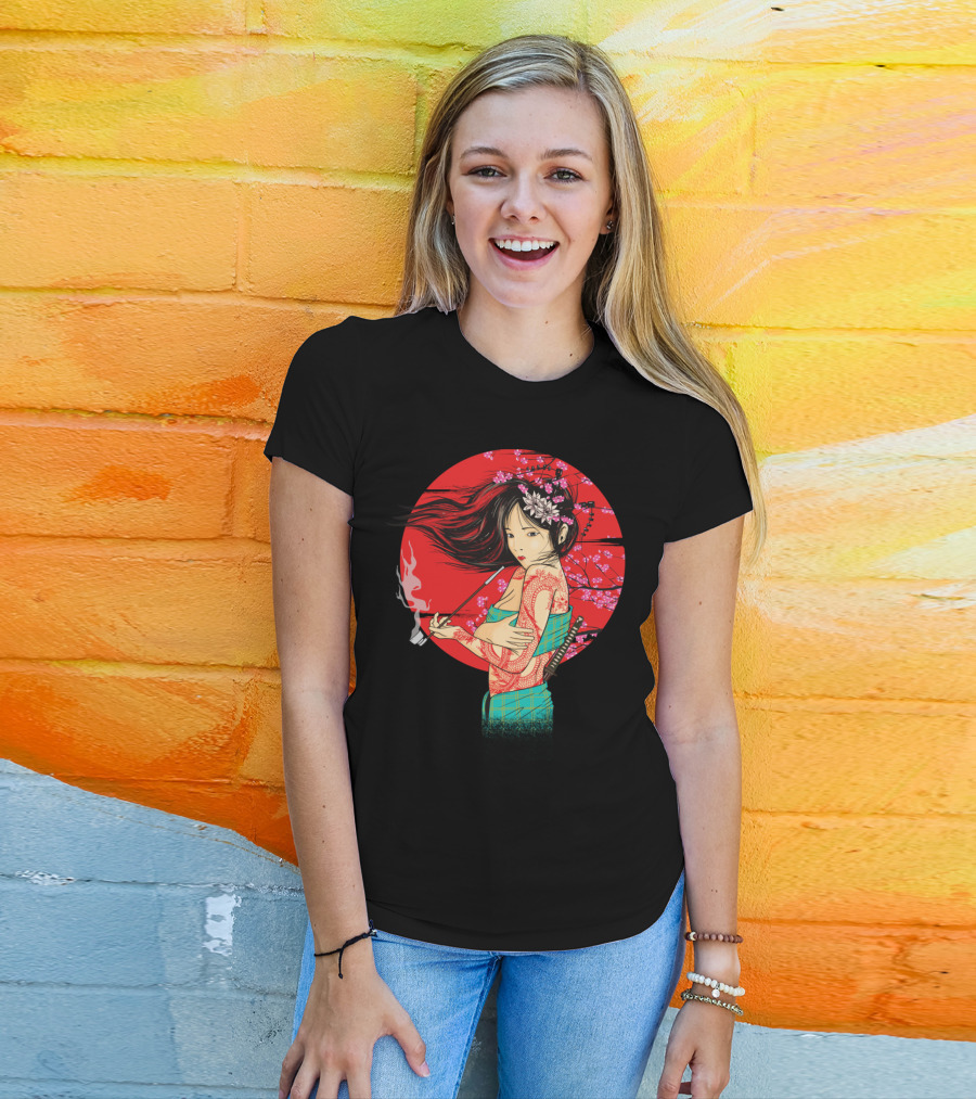 The Geisha Pe Smoking Pipe Cherry Blossoms Samurai Sword Tattoos T-Shirt