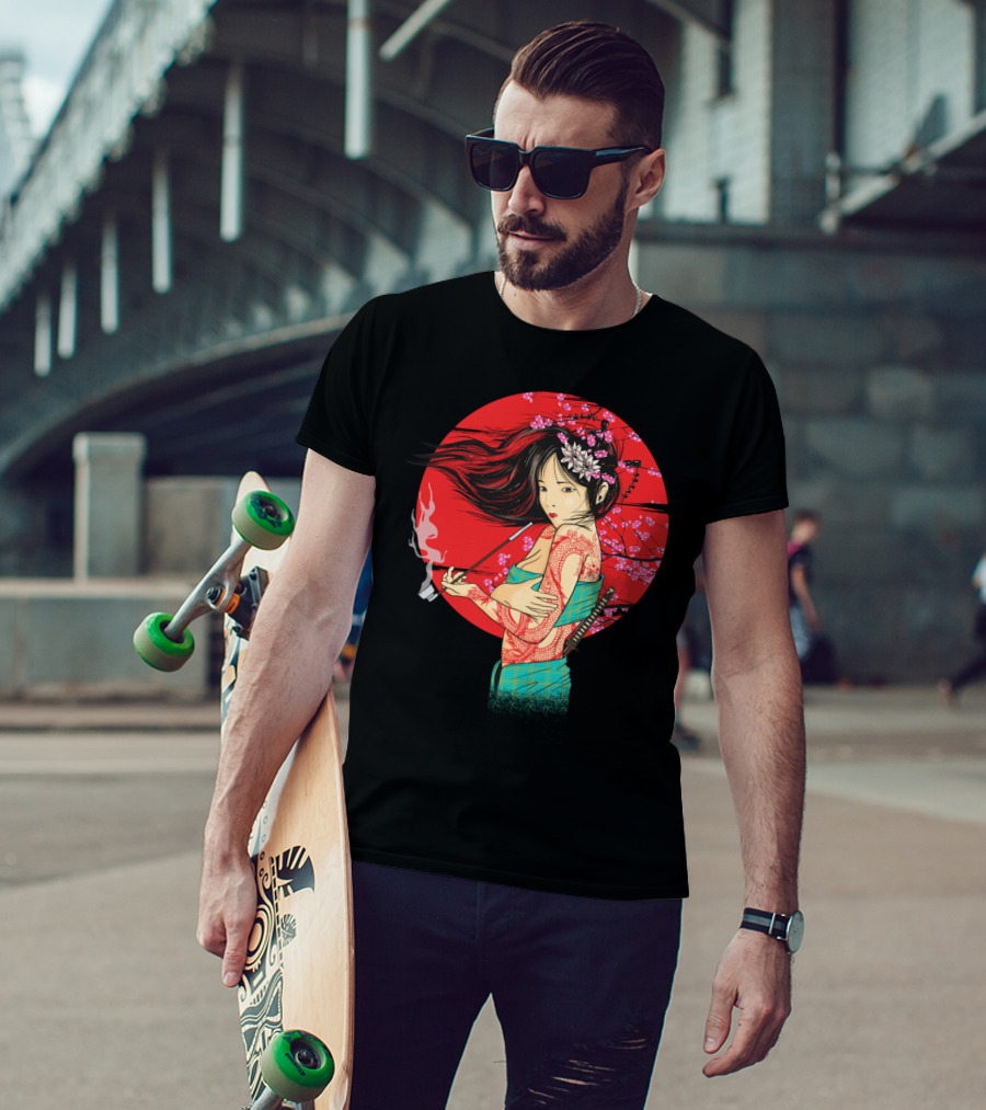 The Geisha Pe Smoking Pipe Cherry Blossoms Samurai Sword Tattoos T-Shirt