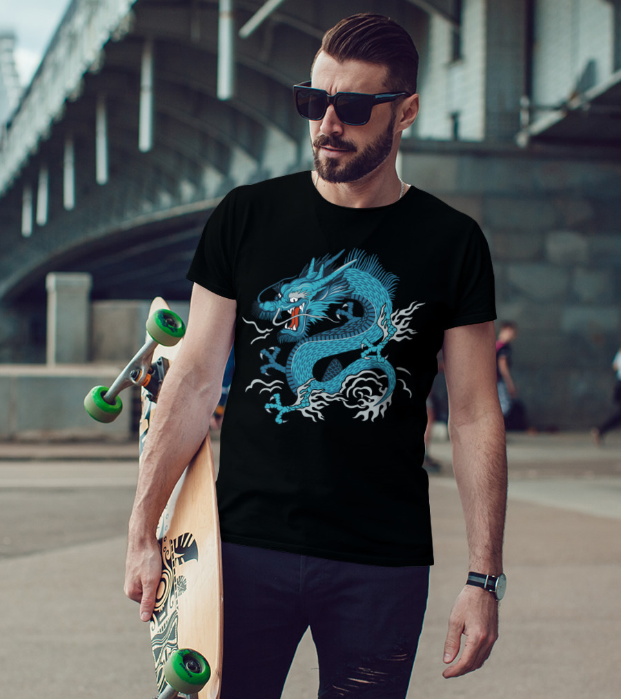 Oriental Dragon Mythical Azure Beast With Clouds T-Shirt