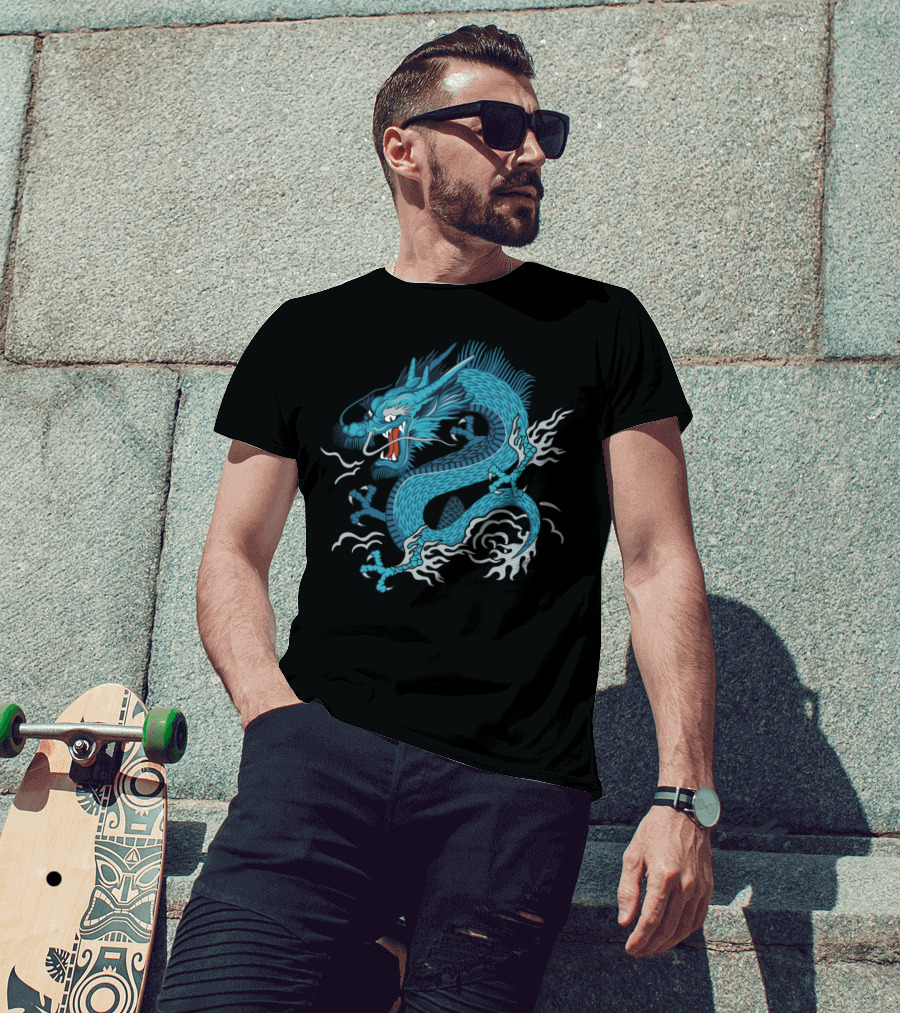 Oriental Dragon Mythical Azure Beast With Clouds T-Shirt