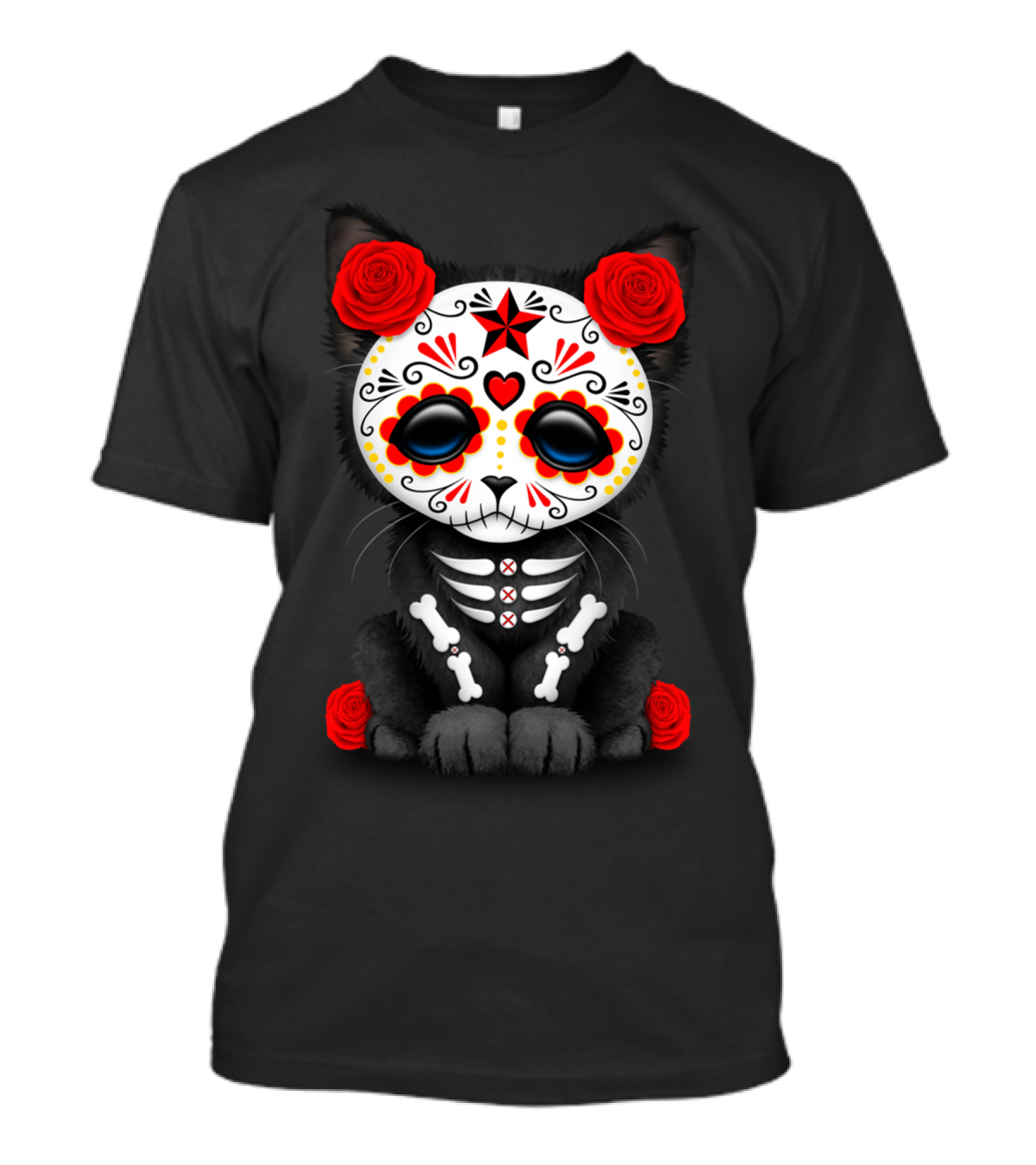 Cute Black And White Day Of The Dead Kitten With Red Roses T-Shirt