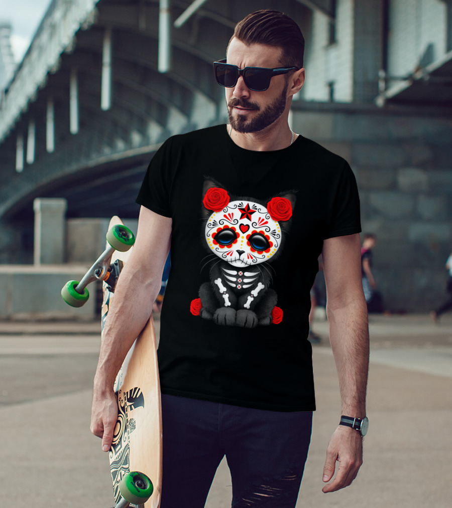 Cute Black And White Day Of The Dead Kitten With Red Roses T-Shirt