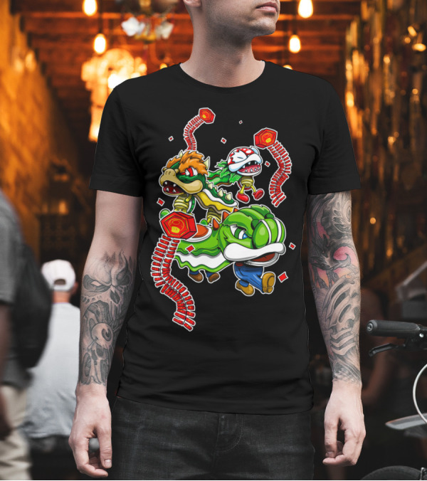 Mushroom Kingdom Lion Dance New Year's Celebration with Classic Characters T-Shirt Mushroom Kingdom Lion Dance New Year's Celebration with Classic Characters T-Shirt
