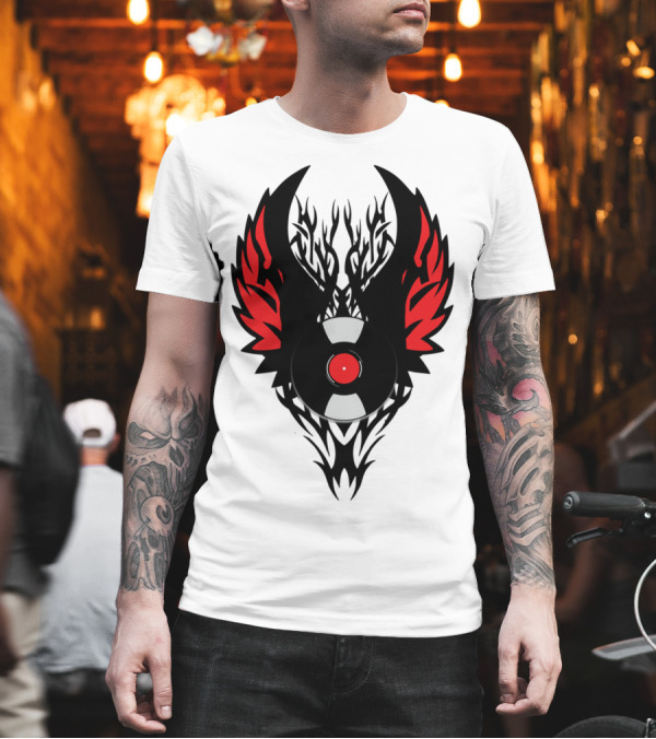 Retro Vinyl Record Tribal Spikes with Red Punk Rock Wings T-Shirt Retro Vinyl Record Tribal Spikes with Red Punk Rock Wings T-Shirt
