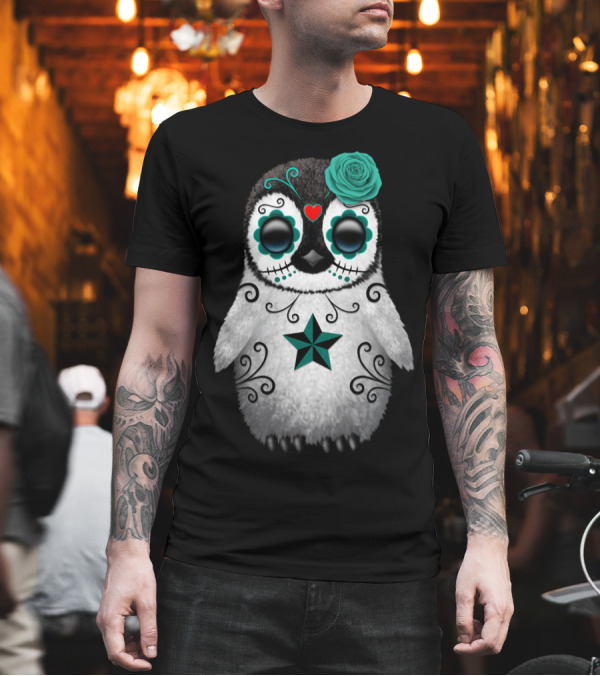 Teal Blue Day Of The Dead Sugar Skull Penguin with Flower and Heart T-Shirt Teal Blue Day Of The Dead Sugar Skull Penguin with Flower and Heart T-Shirt