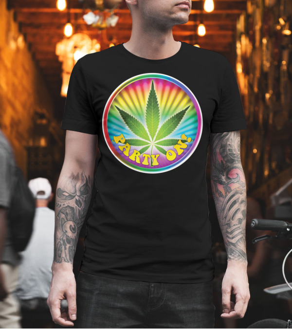 Party On Cannabis Rainbow Leaf T-Shirt Party On Cannabis Rainbow Leaf T-Shirt