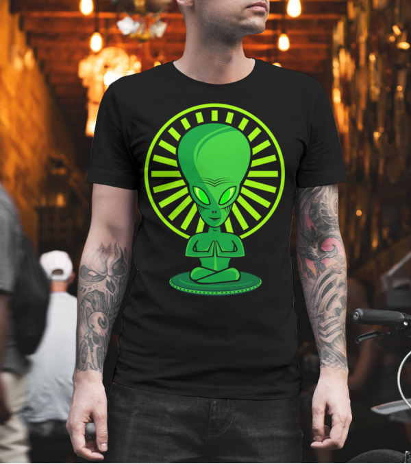 YOGA ALIEN MEDITATION POSE WITH HALO AND GREEN SKIN T-Shirt YOGA ALIEN MEDITATION POSE WITH HALO AND GREEN SKIN T-Shirt