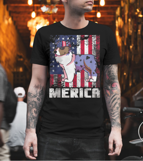 Merica Australian Shepherd Dog with American Flag Background T-Shirt Merica Australian Shepherd Dog with American Flag Background T-Shirt
