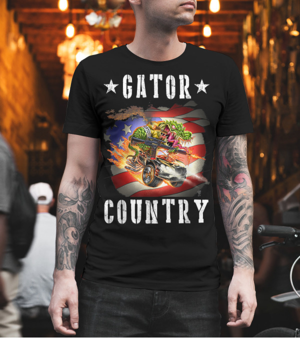 GATOR COUNTRY USA Flag Alligator with Gun Car Flames T-Shirt GATOR COUNTRY USA Flag Alligator with Gun Car Flames T-Shirt