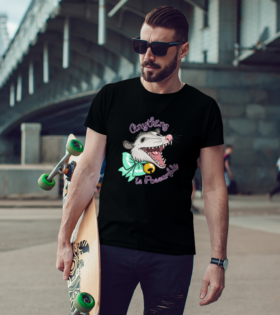 Anything Is Possumble Cute Cartoon Opossum With Bow And Bell T-Shirt