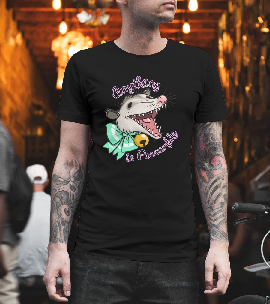 Anything Is Possumble Cute Cartoon Opossum with Bow and Bell T-Shirt