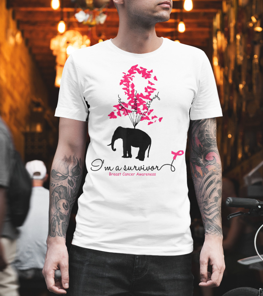 I'm A Survivor Pink Butterfly Elephant Breast Cancer Awareness T-Shirt