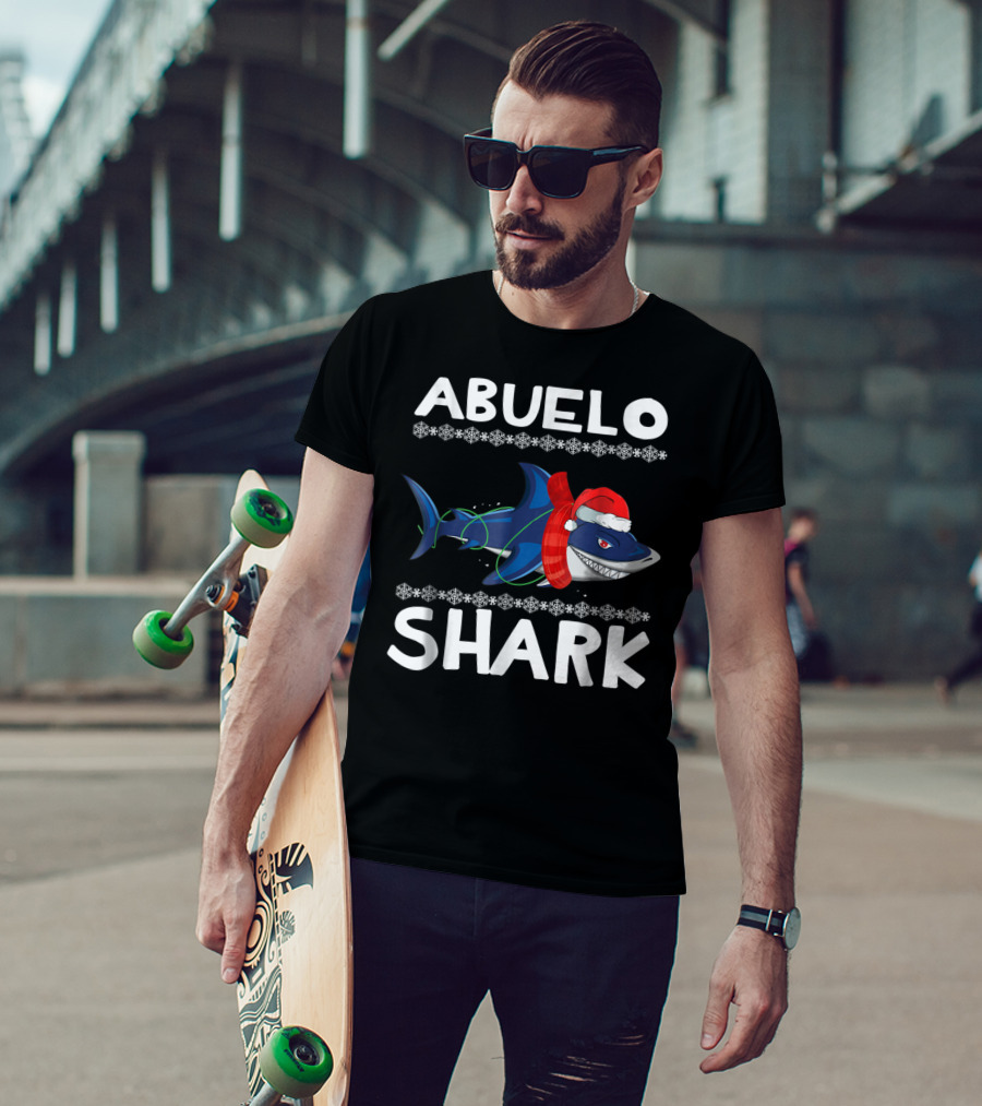 Abuelo Shark Christmas Family Sweater Santa Hat Snowflakes T-Shirt