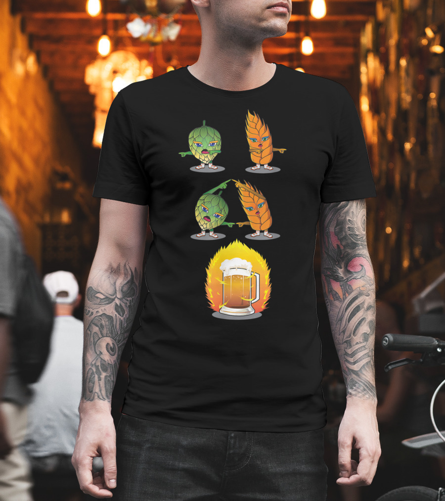 Funny Beer Fusion Hop and Malt Characters with Beer Mug Explosion T-Shirt