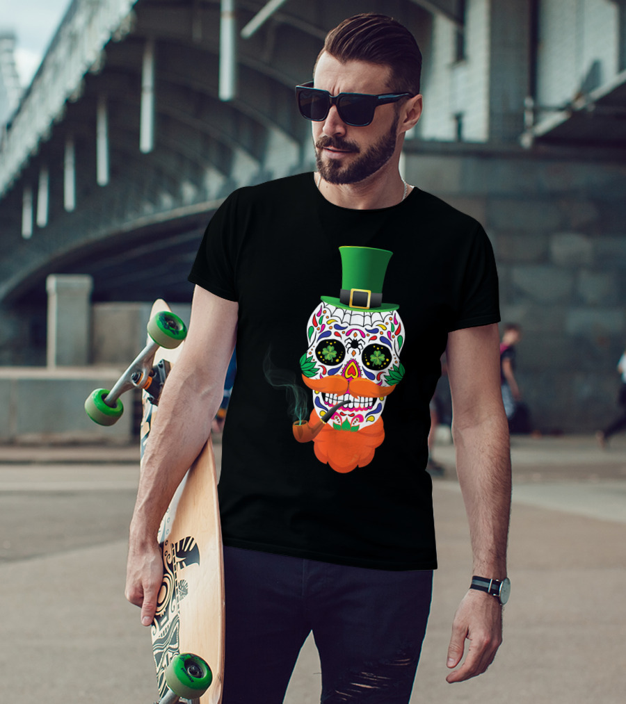 Irish Sugar Skull Leprechaun St Patricks Day Clover Pipe Hat Colorful T-Shirt