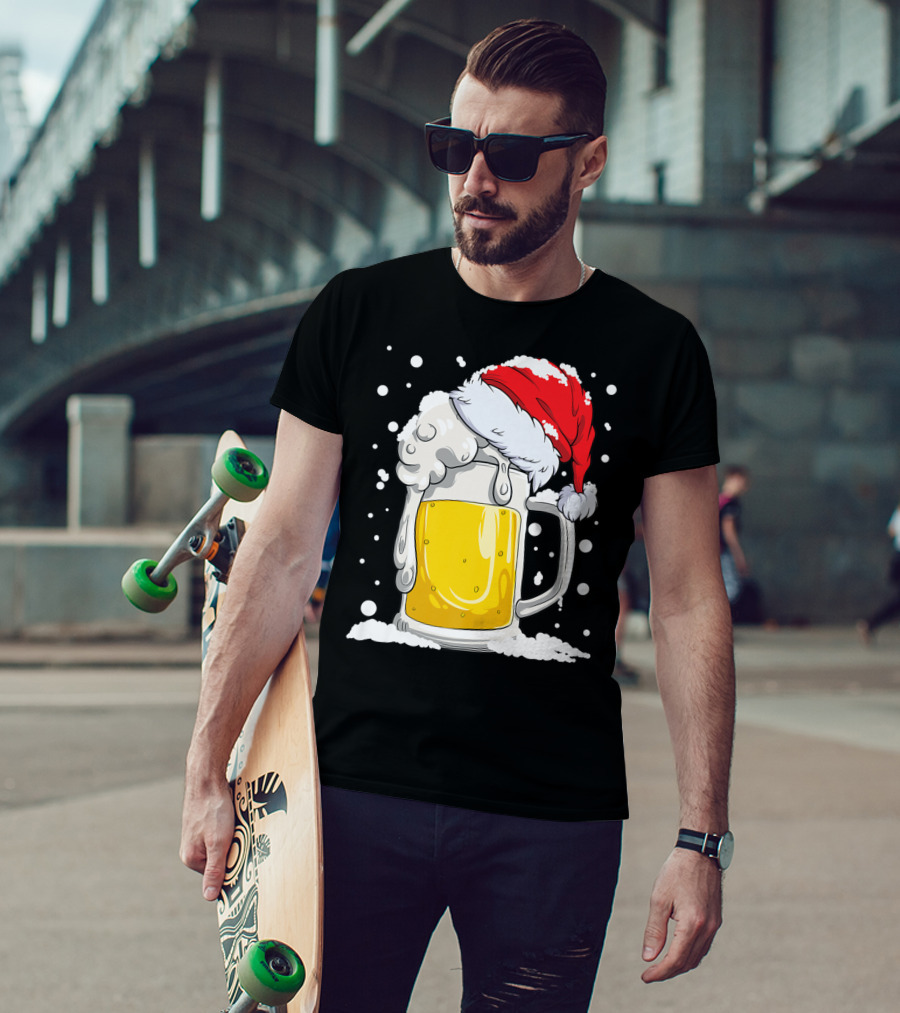 Beer Mug Wearing Santa Hat Surrounded By Snowflakes T-Shirt