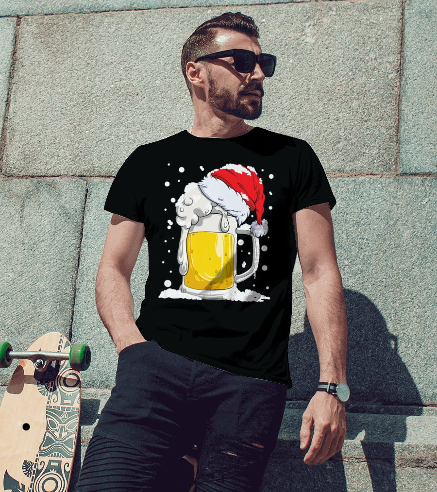 Beer Mug Wearing Santa Hat Surrounded By Snowflakes T-Shirt