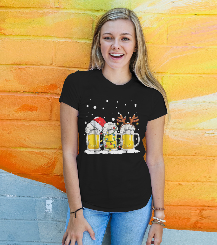 Beer Christmas Santa Hat Reindeer Antlers Xmas Lights T-Shirt